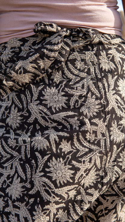 Close-up of a black fabric with white floral pattern, possibly a skirt or garment.