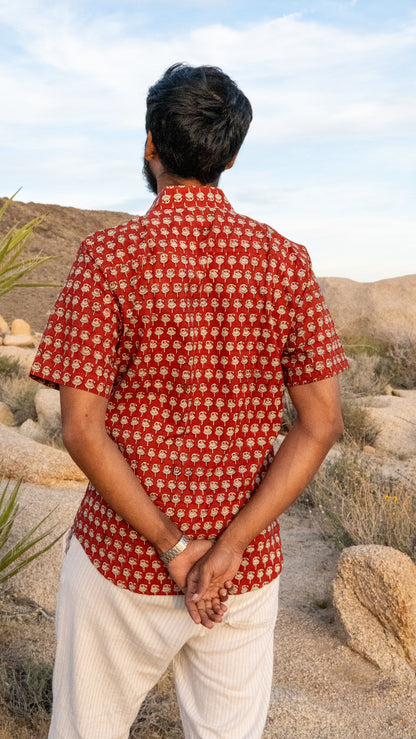 Person wearing a red patterned shirt standing in a desert landscape