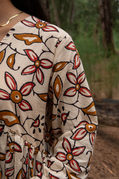 Floral patterned fabric with a blurred natural background